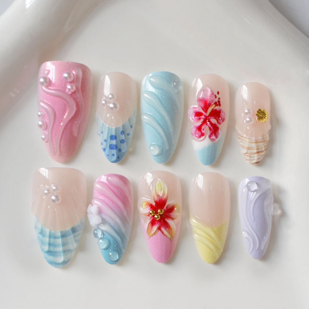 Decorative 3D Floral and Shell Press-On Nail Art Stornfield