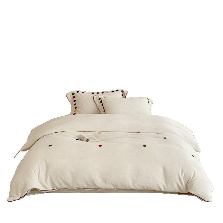 Plush Textured Duvet Cover Set with Contrast Piping and Embroidered Dot Accents