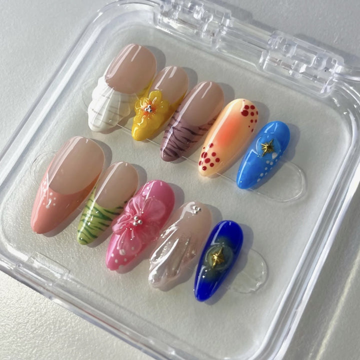 Artistic Press-On Nail Set with Vibrant Designs