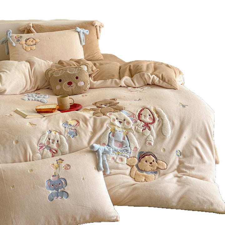 Plush Embroidered Appliqué Duvet Cover Set with Bow-Tie Shams