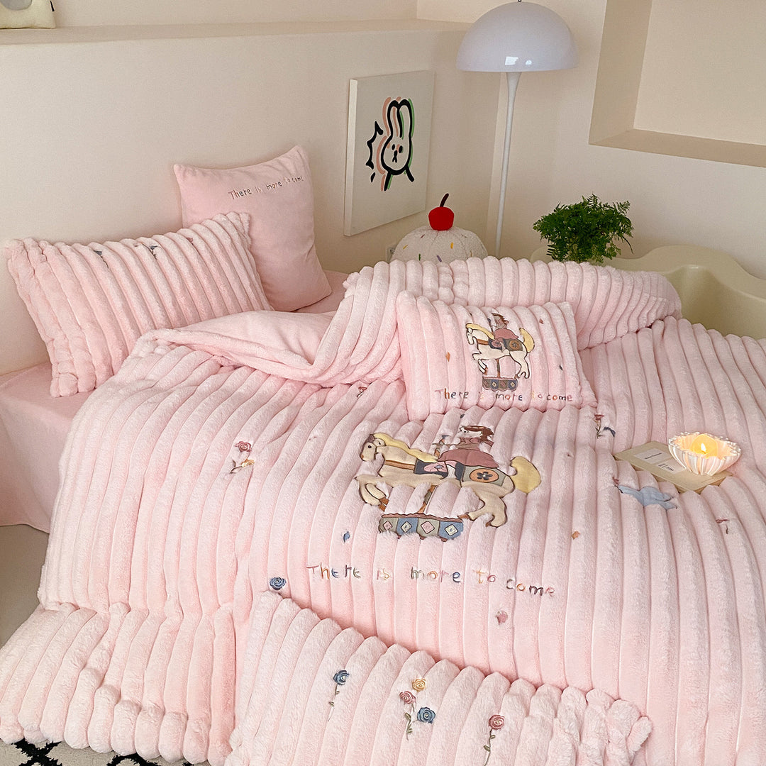 Children's Plush Ribbed Duvet Cover & Pillow Sham Set with Embroidered Carousel Motif