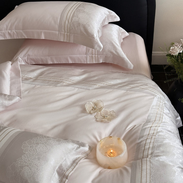 Luxury Jacquard Sateen Duvet Cover Set with Embroidered Floral Trim