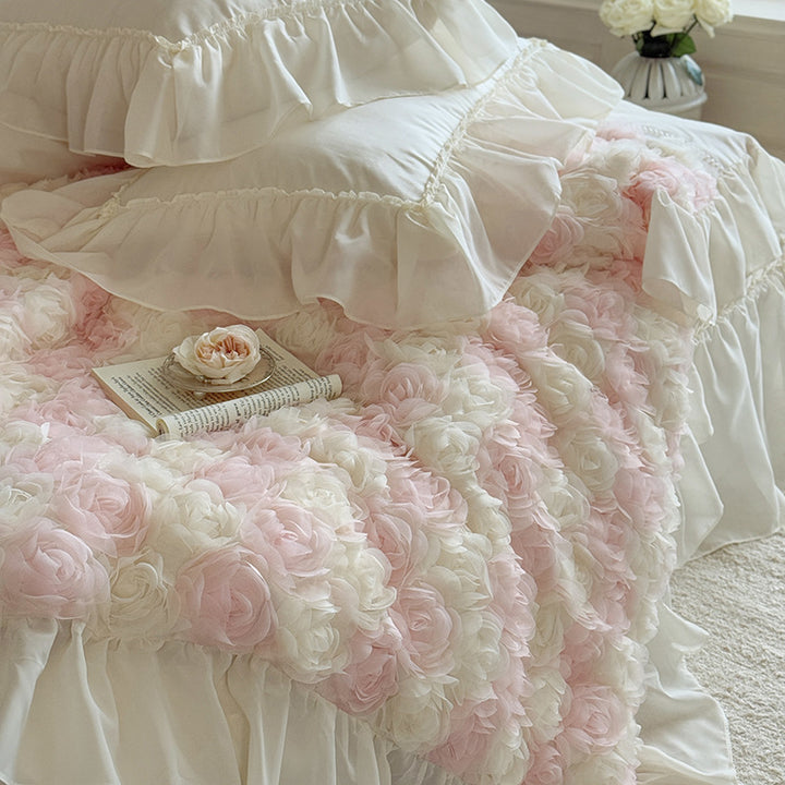 Romantic bedspread with 3D rose appliqué and ruffle