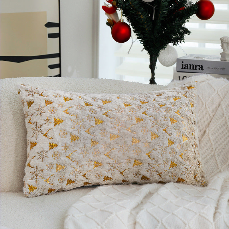 Square Christmas pillowcase made of velvet with deer, Christmas tree, and snowflake design Stornfield
