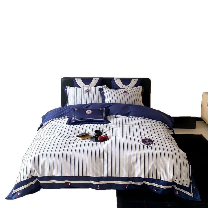 Maritime cotton satin bedding set with fine stripes, nautical embroidery, and reversible pillow