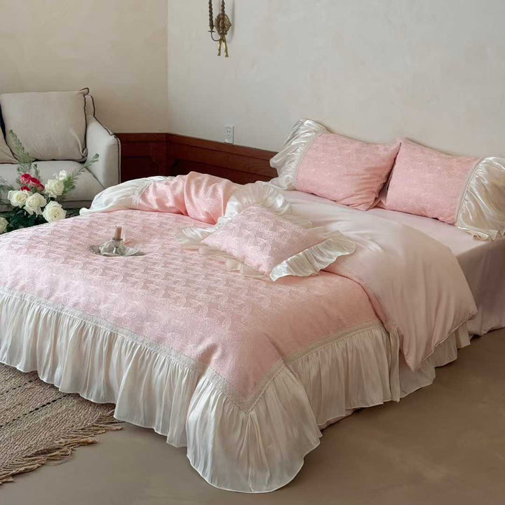 Elegant Ruffled Jacquard Satin-Trim Duvet Cover & Pillow Sham Set