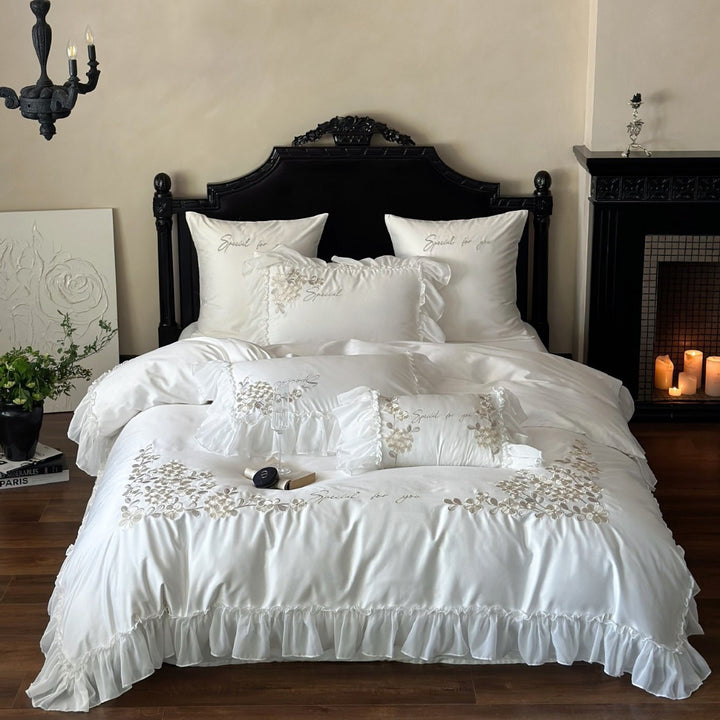 Romantic Ruffled Satin‑Feel Floral Appliqué Duvet Cover Ensemble