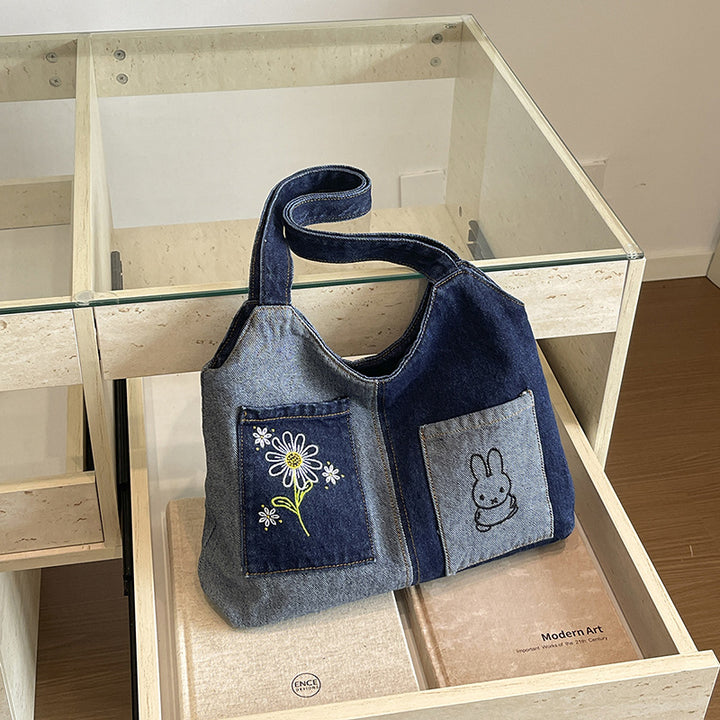 Artistic Embroidered Denim Handbag