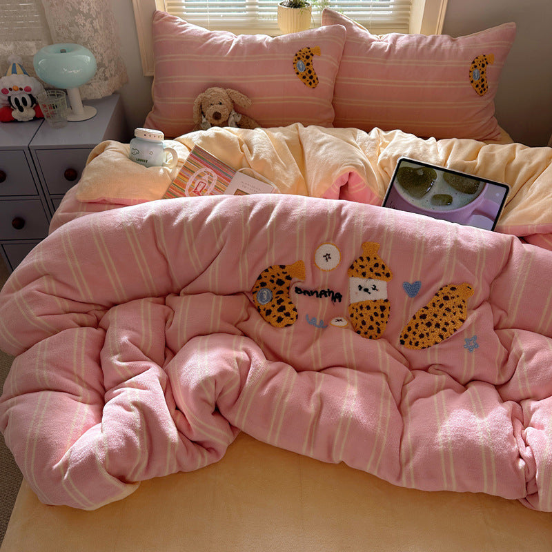 Plush Embroidered Cat Stripe Comforter Bedding Set