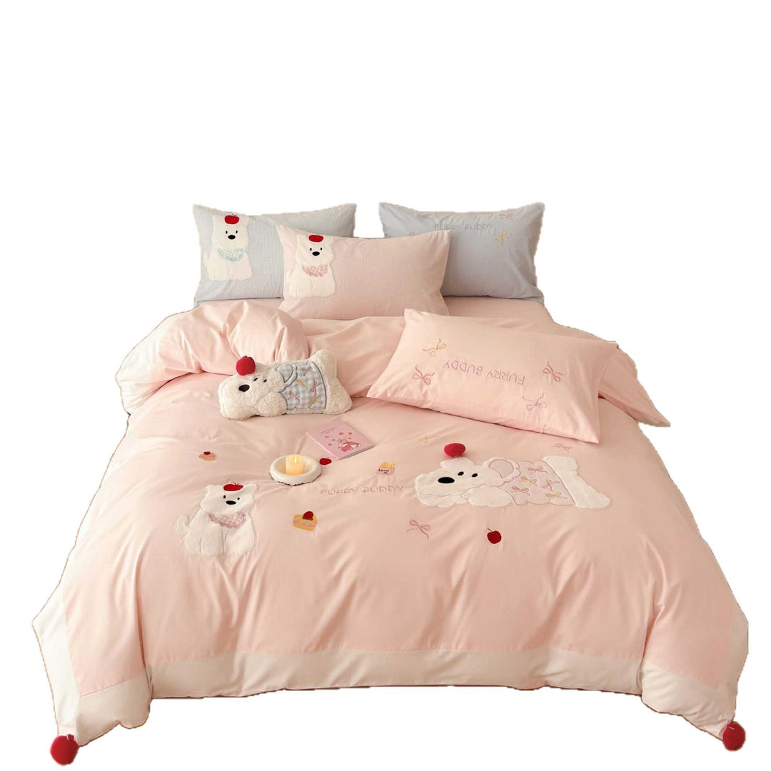 Embroidered Plush Bear Cotton Duvet Cover Set