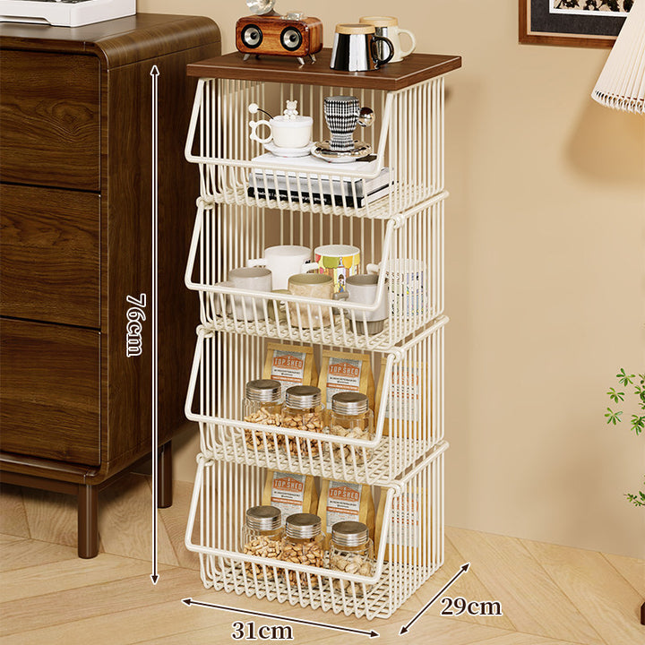 Mobile Four-Tier Kitchen Pantry Organizer Cart with Wood Top and Rolling Wire Baskets