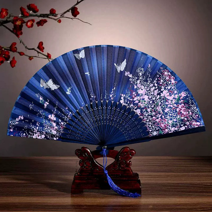 Ladies one size elegant silk folding fan with floral butterfly motif and tassel Stornfield