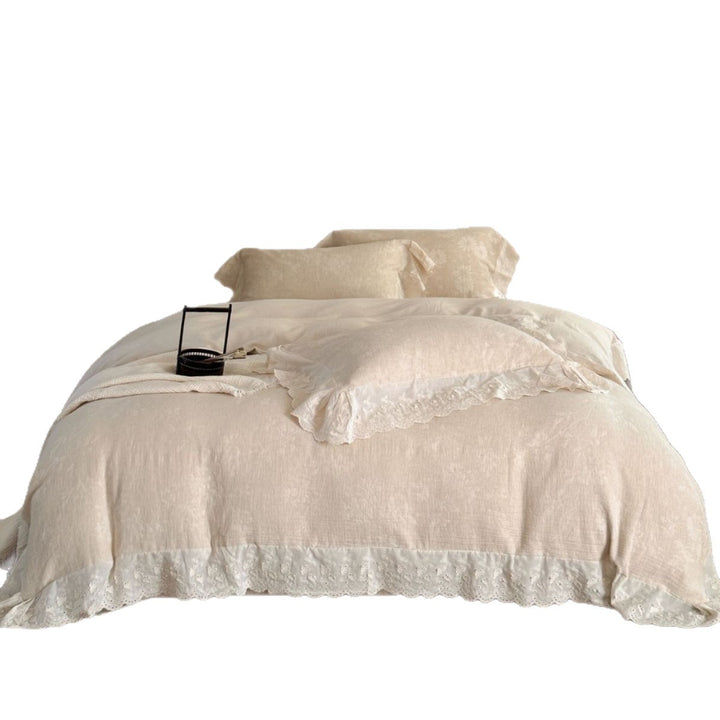Vintage-Inspired Linen-Cotton Jacquard Duvet Cover Set with Lace-Trim Ruffled Shams