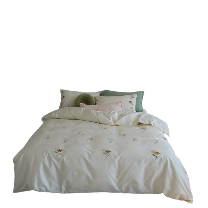Embroidered Cotton Sateen Duvet Cover Set with Hidden Zipper and Corner Ties