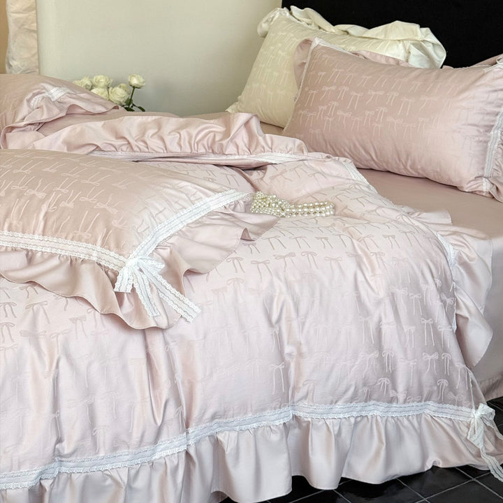 Ruffled Jacquard Bow-Pattern Sateen Duvet Cover Set with Lace Trim and Pillow Shams
