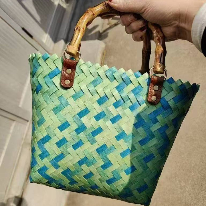 Woven Material Handbag with Wooden Handles Stornfield
