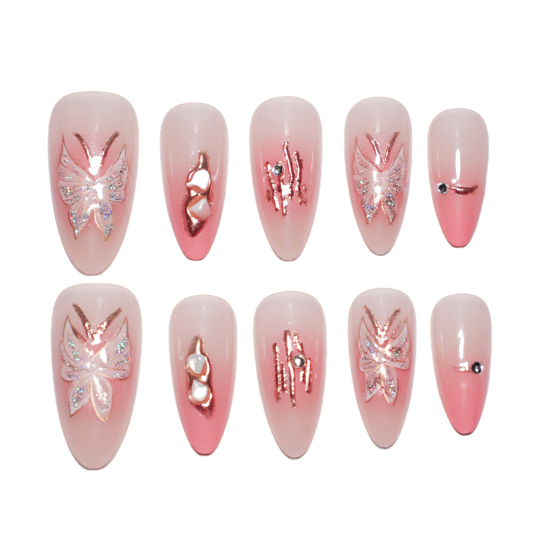 Artificial nail extensions with floral motifs and glitter accents Stornfield