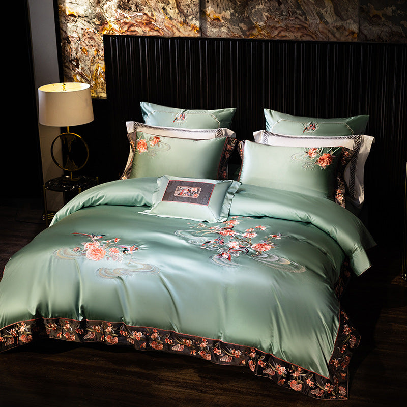 Luxurious Embroidered Satin Duvet Cover Set with Floral Border and Decorative Pillowcases