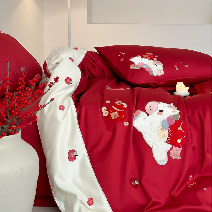 Embroidered Cartoon Puppy Cotton Duvet Cover Set with Contrast Border