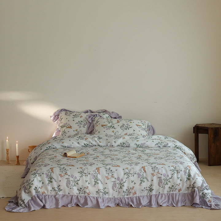 Bedding set made of cotton satin with textured brush print and reversible function