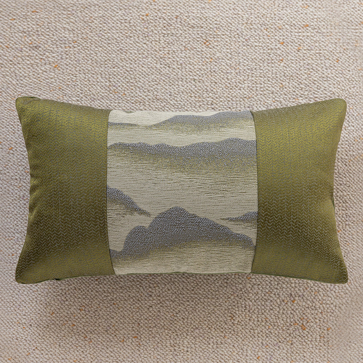 Elegant decorative pillow with elaborate mountain motif