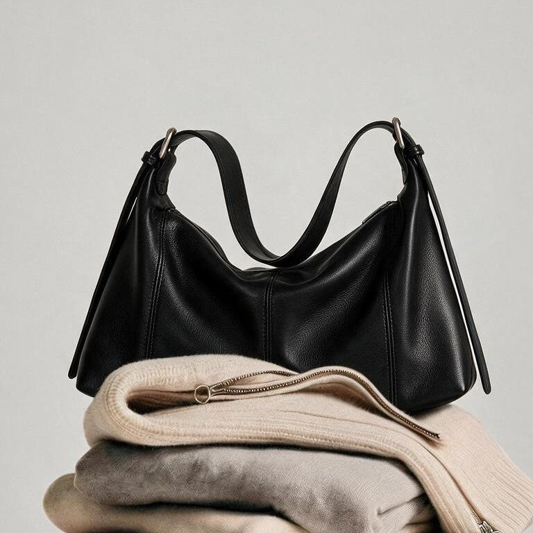 Curved-Side Pebbled Leather Slouchy Shoulder Hobo with Adjustable Buckle Straps