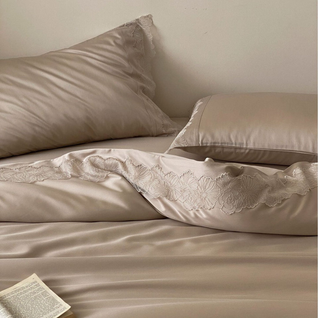 Luxury Lace-Trim Satin Duvet Cover Set