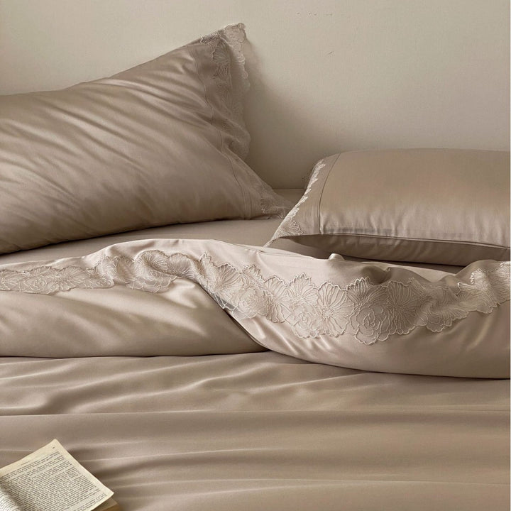 Luxury Lace-Trim Satin Duvet Cover Set