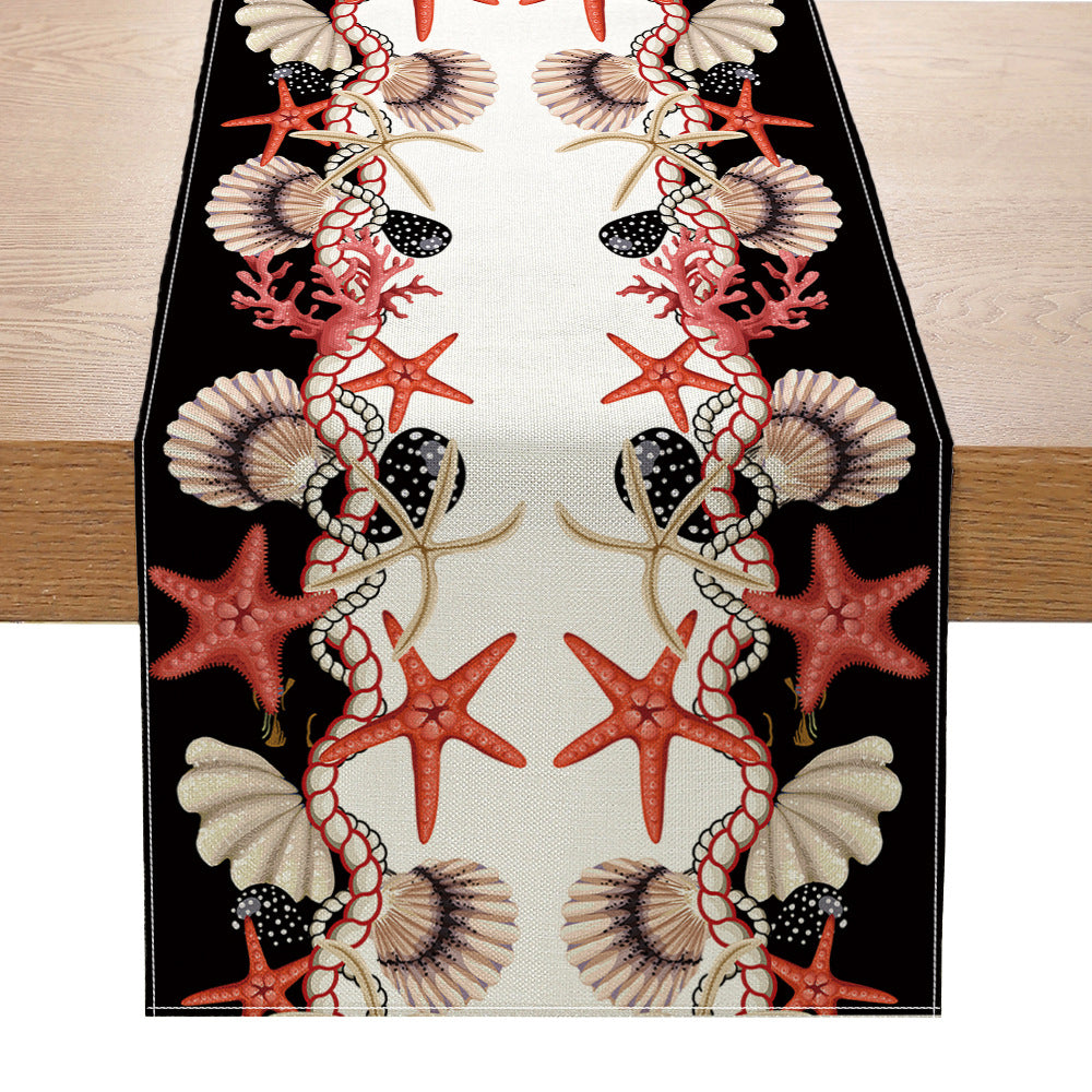Coastal Watercolor Octopus & Sea Life Cotton-Linen Table Runner