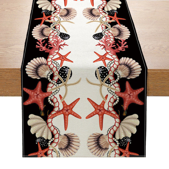 Coastal Watercolor Octopus & Sea Life Cotton-Linen Table Runner