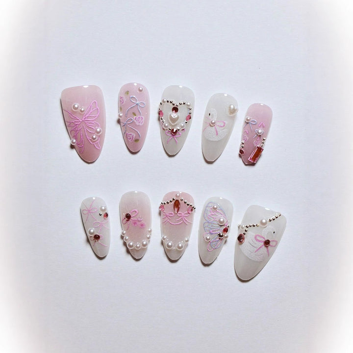 Decorative 3D Bow and Pearl Press-On Nail Art Stornfield