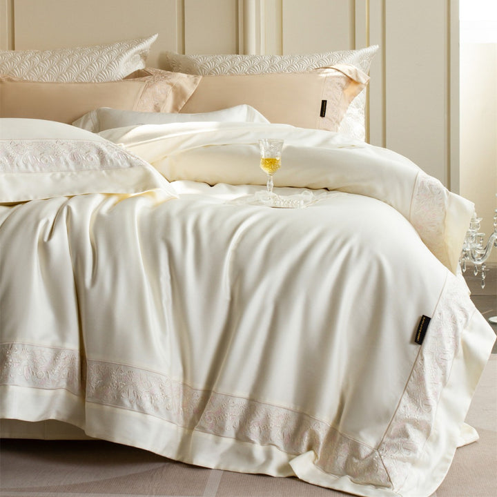Silky Sateen Duvet Cover Set with Floral Lace Inset and Deep-Pocket Pillow Shams