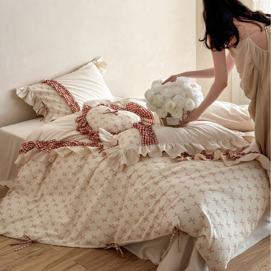 Ruffled Gingham Trim Cotton Percale Duvet Cover Set with Decorative Pillowcases