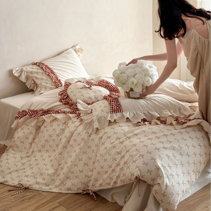 Ruffled Gingham Trim Cotton Percale Duvet Cover Set with Decorative Pillowcases