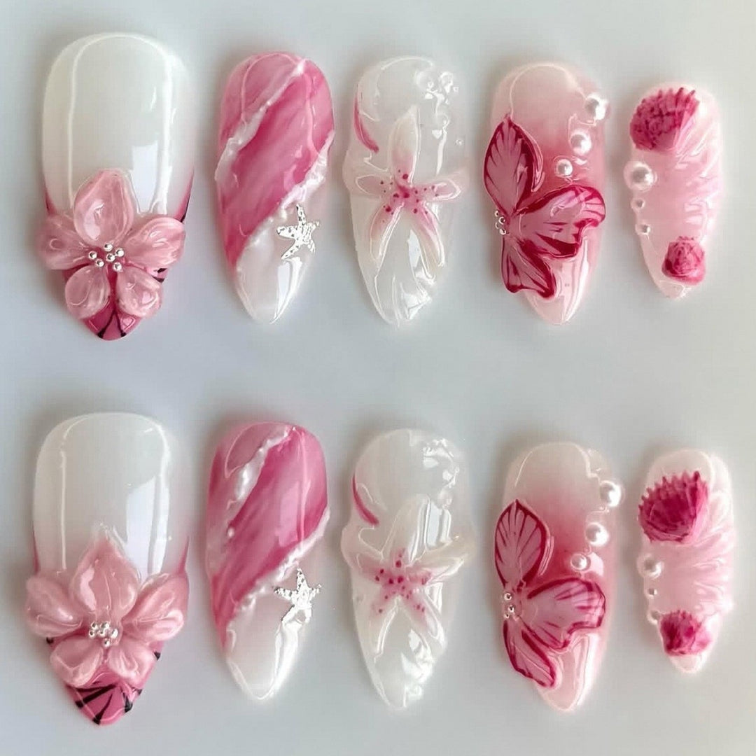 Acrylic nail set with elegant flower and glitter pattern Stornfield