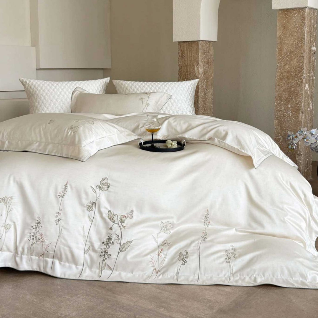 Reversible Botanical Line-Drawn Embroidered Cotton Sateen Duvet Cover Set with Hidden Closure