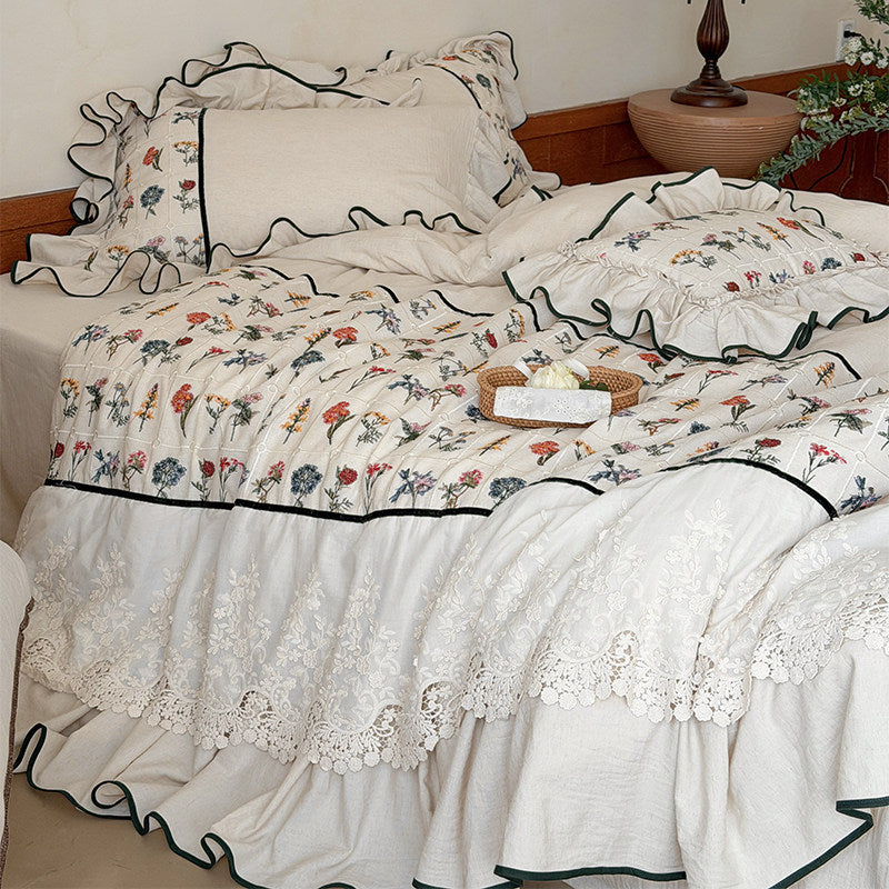 Embroidered Floral Ruffled Duvet Cover and Pillowcase Set