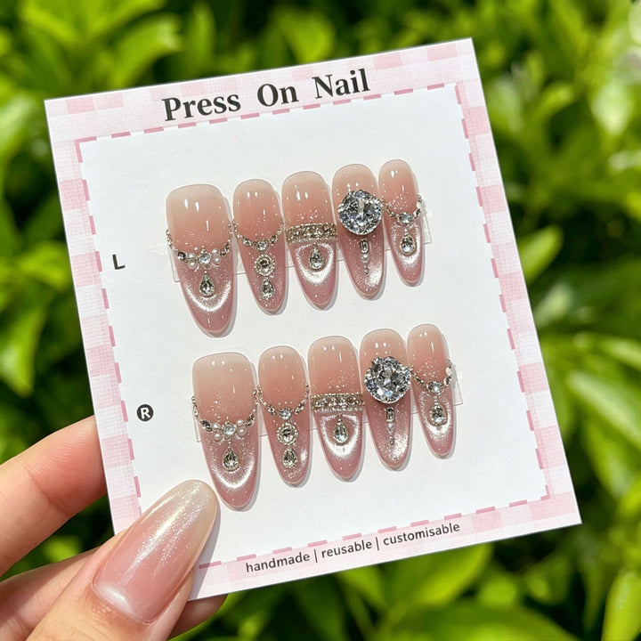 Decorative Press-On Nail Set with Gem Accents  1791774365
