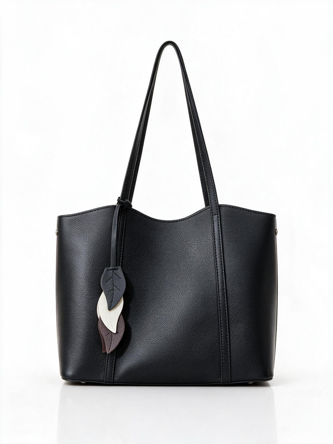 Pebbled Vegan Leather Structured Tote with Leaf Charm & Long Shoulder Straps