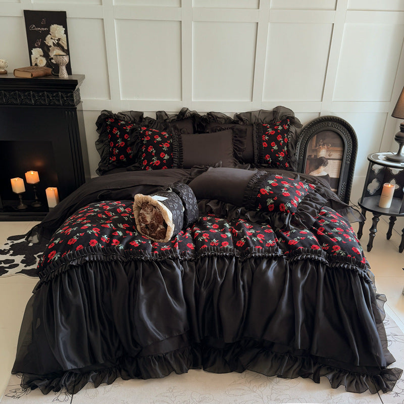 Luxury Romantic Ruffled Floral Satin Duvet Cover Bedding Set