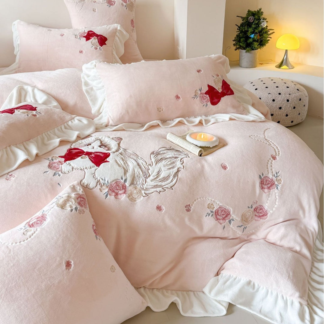 Embroidered Dog & Bow Ruffled Duvet Cover Set with Scalloped Ruffle Skirt and Decorative Pillow Shams
