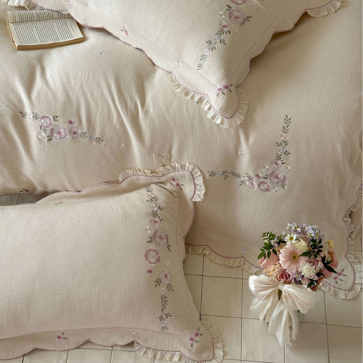 Embroidered Linen-Blend Duvet Cover Set with Scalloped Ruffle Shams