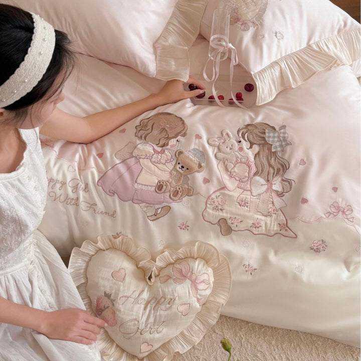 Luxurious embroidered cotton satin bed linen set with ruffles and fairy tale motif Stornfield