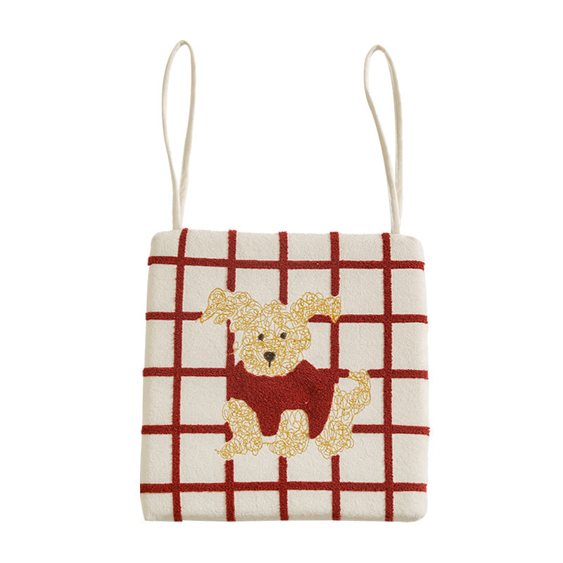 Fabric hanging pillow with apple and dog appliqué and hanging loops Stornfield