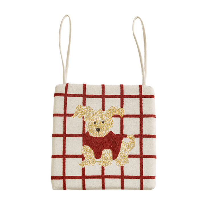 Fabric hanging pillow with apple and dog appliqué and hanging loops Stornfield