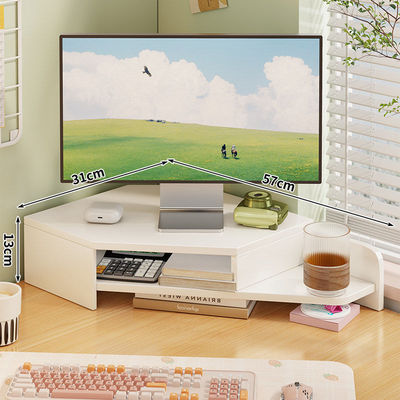 Corner Wooden Monitor Riser with Dual-Tier Storage Shelf