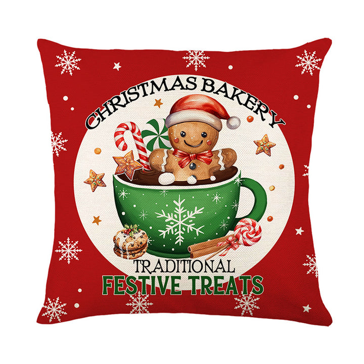 Festive Christmas Linen-Texture Square Cushion Cover with Merry Christmas Gingerbread Pattern