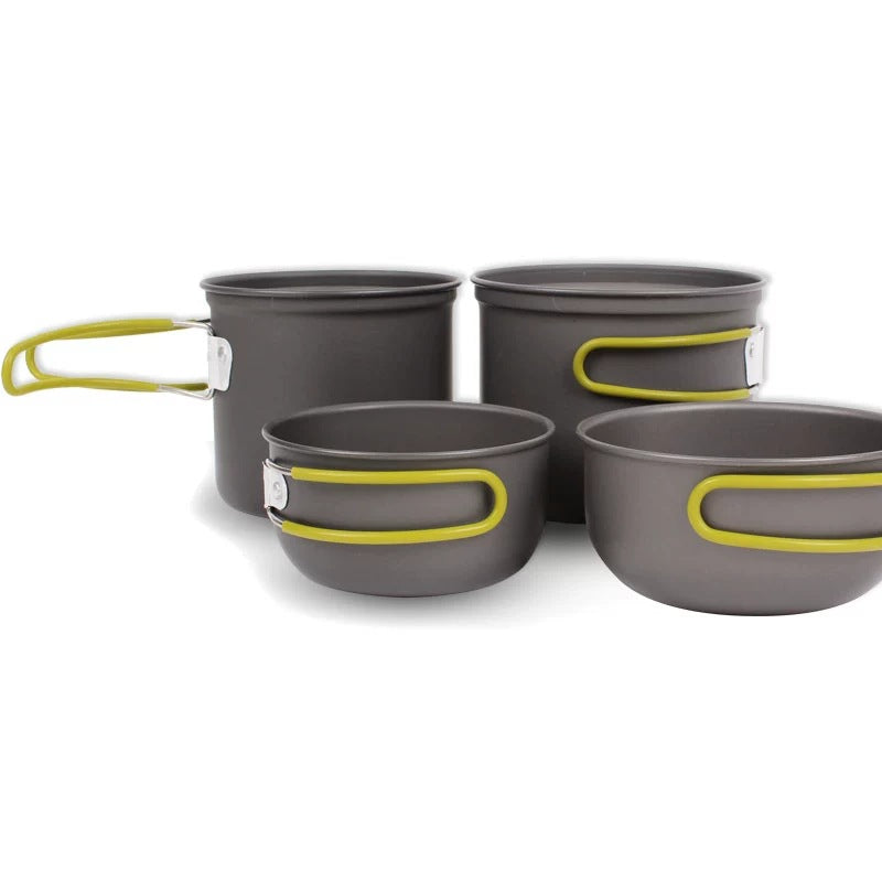 lightweight nesting anodized camping cookware set with folding silicone handles and measurement marks Stornfield