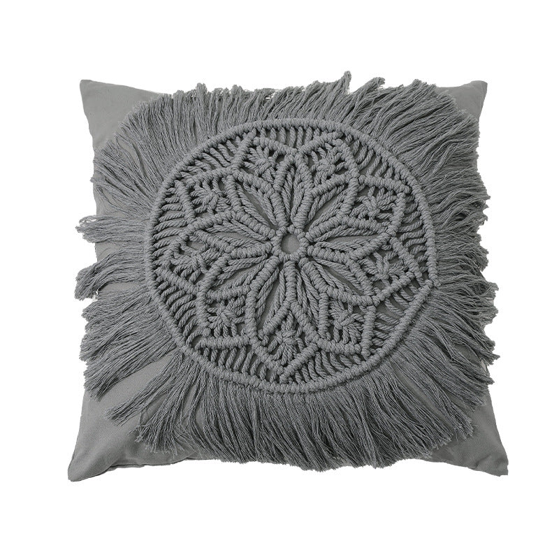 Decorative macrame pillow cover with mandala application and fringes Stornfield