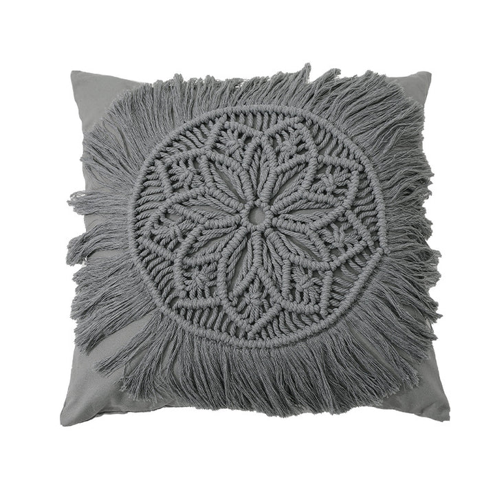 Decorative macrame pillow cover with mandala application and fringes Stornfield